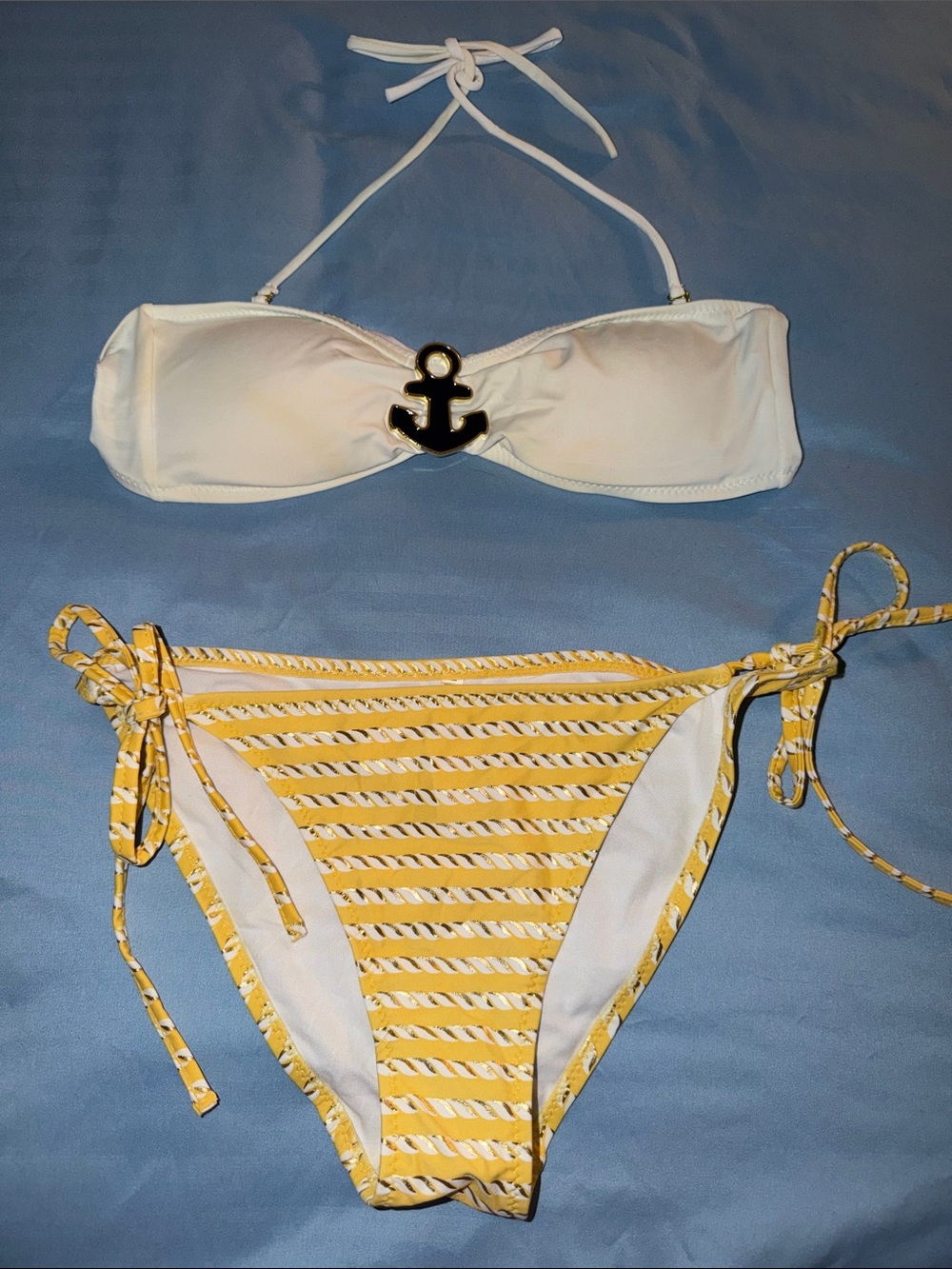 White Anchor-Trim Bandeau Bikini Top with Yellow Striped Tie-Side Bottoms